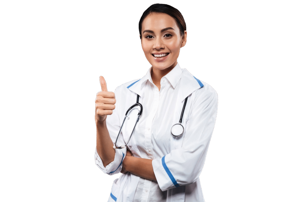 young positive woman doctor with stethoscope showing thumb up